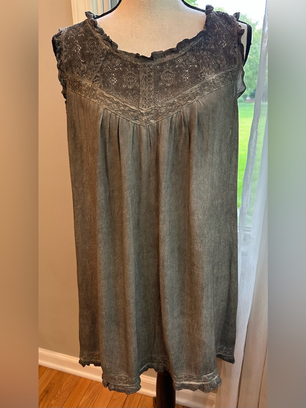 POL lace Yoke Sleeveless Slip Dress Tunic Olive Gray Acid Wash sz LG ruffle trim